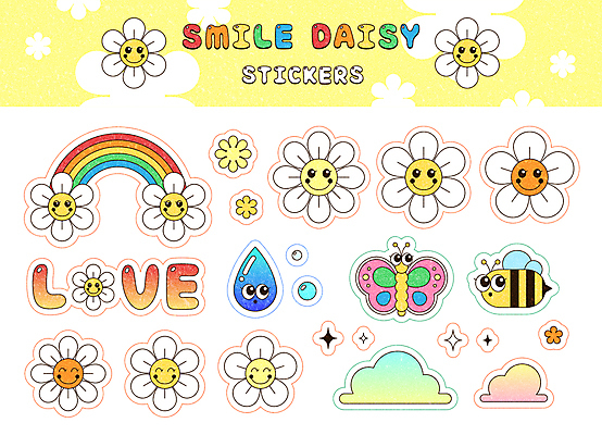 구름 나비 백그라운드 무지개 스티커 일러스트 프레임 사랑 미소 타이포그라피 사람없음 반짝임 노란색 물방울 비눗방울 꿀벌 복고 데이지 팬시 키치 국내일러스트 AI파일 자연요소 문자 꽃 감정 컬러 곤충 컨셉 모션 표정 벌_곤충 파일형식 벡터