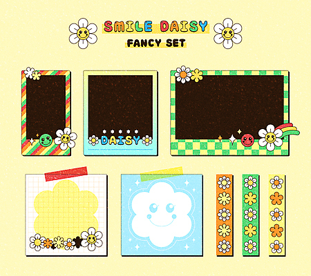 백그라운드 패턴 일러스트 프레임 미소 타이포그라피 사람없음 반짝임 노란색 메모지 필름 테두리 복고 데이지 팬시 폴라로이드사진 무지개색 마스킹테이프 키치 국내일러스트 AI파일 문자 꽃 컬러 컨셉 무늬 모션 표정 컬러풀 사무용품 폴라로이드 테이프 파일형식 벡터