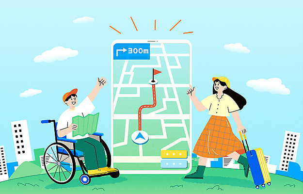 전신 구름 여자 남자 행복 여행 지도 일러스트 함께함 들기 앉기 성인 두명 건물 친구 스마트폰 손들기 캐리어 도착지 가리킴 깃발 도시 장애인 휠체어 네비게이션 지원 성인만 국내일러스트 AI파일 자연요소 건축물 감정 컨셉 관계 모션 사람 손짓 핸드폰 스마트기기 여행가방 행선지 장애 파일형식 벡터