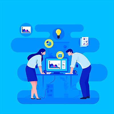 전신 회사 비즈니스 전구 회의 그래프 서기 두명 파란색 컴퓨터 마주보기 사무 비즈니스맨 비즈니스우먼 문서 얼굴없음 모션그래픽 MP4 MOV 여자 남자 컬러 모션 사람 전자제품 업무 직장인 동영상 파일형식