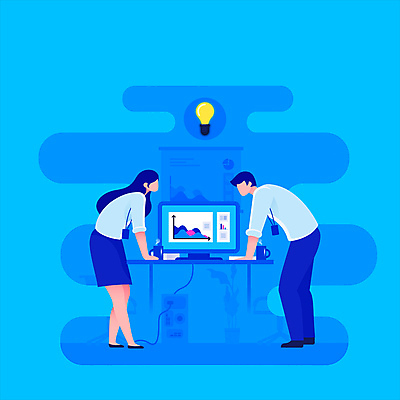 전신 회사 비즈니스 전구 회의 그래프 서기 두명 파란색 컴퓨터 마주보기 사무 비즈니스맨 비즈니스우먼 얼굴없음 모션그래픽 MP4 MOV 여자 남자 컬러 모션 사람 전자제품 업무 직장인 동영상 파일형식