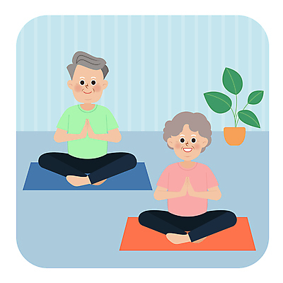 전신 여자 할아버지 노년 남자 화분 할머니 일러스트 요가 두명 운동 건강관리 요가자세 매트 노후건강 노인만 국내일러스트 AI파일 웰빙 포즈 건강 관리 사람 성인 노후 성인만 파일형식 벡터