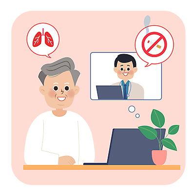 할아버지 노년 남자 화분 일러스트 담배 상반신 성인 두명 노트북 건강관리 환자 의사 허파 상담 금연 노후건강 원격의료 남자만 비대면서비스 언택트 국내일러스트 AI파일 캠페인 의학 건강 관리 사람 전자제품 노후 진료 의료진 호흡기관 사회이슈 서비스 원격 파일형식 벡터