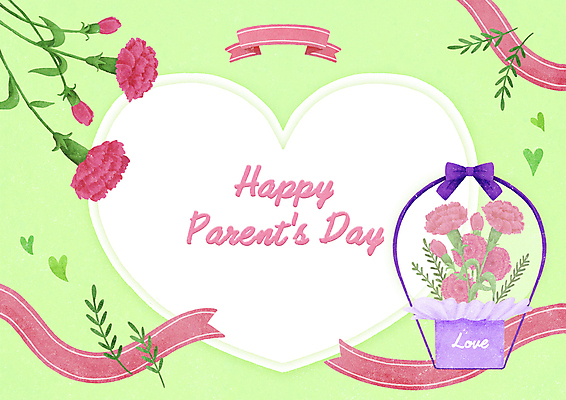 PSD 기념일 리본 꽃다발 일러스트 프레임 사람없음 연두색 하트 축하 어버이날 카네이션 감사 풍선 국내일러스트 모양 꽃 감정 컨셉 이벤트 초록색 파일형식