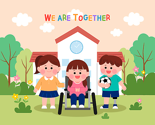 전신 나무 여자 남자 꽃 어린이 일러스트 축구공 학교 서기 들기 앉기 소녀 소년 세명 친구 우정 풀 장애인 휠체어 장애 비장애인 장애인의날 어린이만 국내일러스트 AI파일 식물 교육 공 축구용품 관계 모션 사람 파일형식 벡터 법정기념일