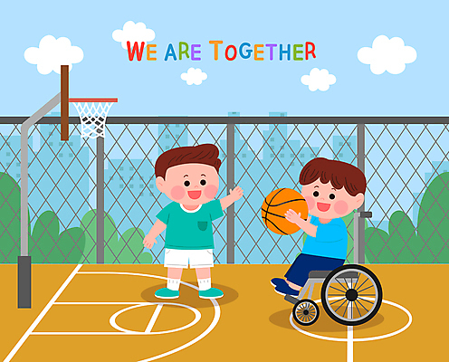 전신 남자 어린이 잎 일러스트 농구 서기 들기 앉기 소년 두명 건물 친구 울타리 손들기 우정 장애인 휠체어 슛 비장애인 장애인의날 소년만 국내일러스트 AI파일 식물 건축물 관계 모션 사람 담장 구기 장애 남자만 어린이만 파일형식 벡터 법정기념일