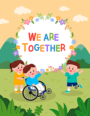 전신 여자 남자 꽃 어린이 일러스트 팔벌리기 산 프레임 앉기 소녀 소년 세명 친구 달리기 우정 원형 풀 밀기 장애인 휠체어 손인사 비장애인 의족 장애인의날 어린이만 국내일러스트 AI파일 도형 식물 관계 모션 사람 인사 장애 파일형식 벡터 법정기념일