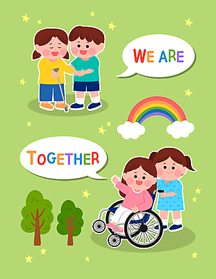 전신 나무 여자 남자 별 어린이 무지개 말풍선 일러스트 지팡이 서기 앉기 소녀 소년 여러명 친구 우정 잡기 밀기 장애인 휠체어 손인사 비장애인 시각장애인 장애인의날 어린이만 국내일러스트 AI파일 자연요소 식물 다수 관계 모션 사람 인사 장애 파일형식 벡터 법정기념일