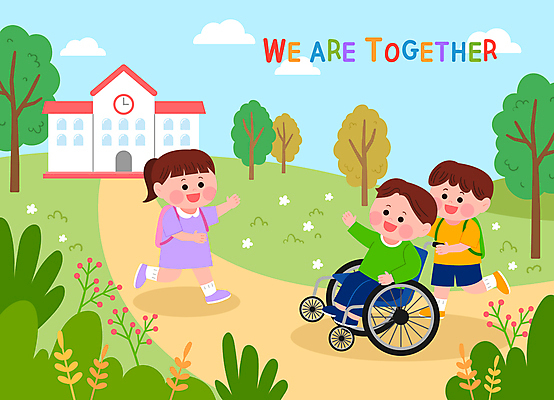 전신 나무 여자 남자 어린이 일러스트 학교 앉기 소녀 소년 세명 친구 걷기 우정 풀 밀기 장애인 휠체어 등교 손인사 비장애인 장애인의날 어린이만 국내일러스트 AI파일 식물 교육 관계 모션 사람 인사 등하교 장애 파일형식 벡터 법정기념일