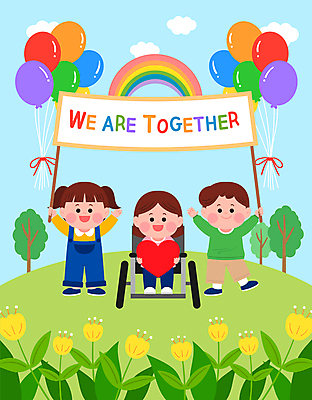 전신 나무 배너템플릿 여자 남자 꽃 어린이 무지개 일러스트 들기 소녀 소년 세명 친구 우정 만세 현수막 하트 장애인 휠체어 풍선 동산 비장애인 장애인의날 어린이만 국내일러스트 AI파일 자연요소 모양 식물 템플릿 배너 관계 모션 사람 장애 파일형식 벡터 법정기념일