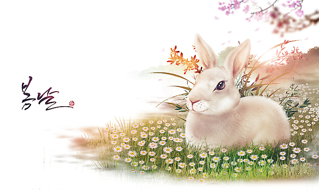 PSD 한마리 응시 꽃 일러스트 캘리그라피 붓터치 새해 산 앉기 초원 사람없음 빛 봄 토끼 풀 계묘년 국내일러스트 식물 1 시선 계절 포유류 모션 반려동물 파일형식 2023년