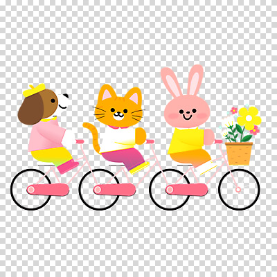 편집이미지 캐릭터 꽃 분홍색 세마리 미소 누끼 사람없음 바구니 고양이 토끼 강아지 승차 PNG 3인용자전거 식물 컬러 포유류 모션 표정 3 반려동물 자전거 개 파일형식