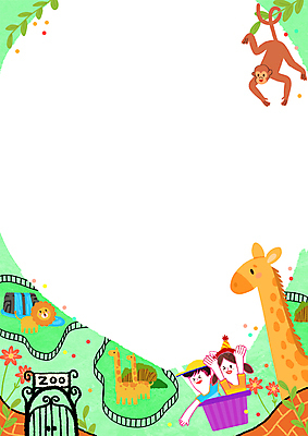 PSD 여자 남자 꽃 어린이 일러스트 프레임 동물원 소녀 소년 상반신 두명 연두색 만세 원숭이 사자 어린이날 기린 어린이만 카피스페이스 국내일러스트 식물 기념일 포유류 모션 사람 초록색 공백 파일형식