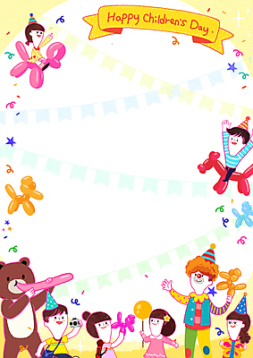 전신 PSD 여자 남자 어린이 일러스트 프레임 들기 소녀 소년 여러명 상반신 성인 노란색 고깔모자 피에로 승차 어린이날 풍선 막대풍선 인형탈 풍선불기 풍선아트 카피스페이스 국내일러스트 모자_잡화 기념일 컬러 다수 모션 사람 공백 응원용품 불기 그림 탈 파일형식