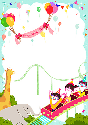 PSD 여자 남자 어린이 일러스트 코끼리 프레임 동물원 소녀 소년 상반신 세명 만세 놀이공원 놀이기구 승차 어린이날 기린 풍선 롤러코스터 민트색 어린이만 카피스페이스 국내일러스트 기념일 컬러 포유류 모션 사람 공백 테마파크 파일형식