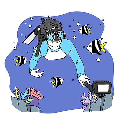 전신 남자 바다 일러스트 한명 들기 성인 취미 파란색 촬영 수영 오리발 열대어 잠수 잠수경 잠수용품 셀카봉 성인남자한명만 프리다이빙 국내일러스트 AI파일 1 컬러 모션 어류 사람 수상스포츠 물안경 레포츠용품 남자한명만 성인남자만 파일형식 벡터