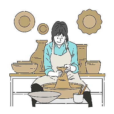 여자 일러스트 한명 앉기 상반신 성인 취미 도자기 도자기공예 만들기 도자기물레 성인여자한명만 도자기공방 국내일러스트 AI파일 1 모션 사람 공예 물레 여자한명만 성인여자만 파일형식 벡터