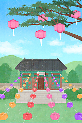 PSD 불교 일러스트 하늘 매달리기 풍경 사람없음 나뭇가지 소나무 사찰 연등 국내일러스트 나무 종교 종교건축 모션 등불 불교용품 파일형식