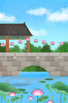 PSD 불교 일러스트 하늘 연꽃 풍경 사람없음 연못 사찰 연잎 연등 돌다리 국내일러스트 꽃 종교 잎 종교건축 등불 다리_건축물 불교용품 파일형식