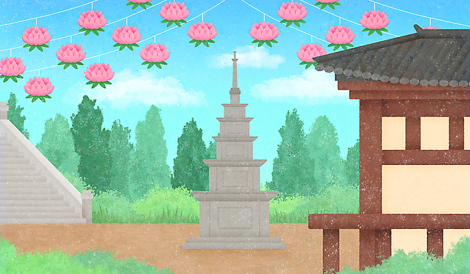 PSD 불교 일러스트 하늘 연꽃 풍경 사람없음 탑 사찰 연등 국내일러스트 건축물 꽃 종교 종교건축 등불 불교용품 파일형식