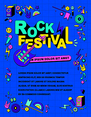 포스터 악기 일러스트 타이포그라피 사람없음 파란색 축제 스피커 공연 기타 깃발 레코드 마이크 락 로큰롤 락페스티벌 국내일러스트 AI파일 문자 음악 컬러 음향기기 현악기 이벤트 음반 파일형식 벡터