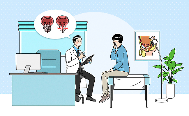 전신 남자 화분 말풍선 일러스트 창문 들기 앉기 두명 파란색 모니터 진료 환자 의사 상담 손모으기 비뇨기과 서류판 전립선 진료대 국내일러스트 AI파일 컬러 의학 모션 병원 사람 손짓 컴퓨터 사무용품 의료진 파일형식 벡터