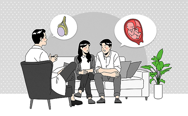 전신 부부 여자 남자 화분 말풍선 일러스트 앉기 성인 세명 소파 마주보기 팔짱 진료 회색 환자 의사 상담 비뇨기과 성인만 고환 불임 국내일러스트 AI파일 커플 컬러 의자 의학 모션 병원 사람 의료진 질병 파일형식 벡터 남자생식기