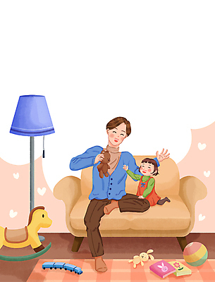 PSD 여자 남자 어린이 거실 일러스트 공 가족 조명 프레임 웃음 들기 앉기 소녀 성인 두명 책 소파 장난감 갈색 손들기 곰인형 육아 인형놀이 토끼인형 목마인형 자동차모형 카피스페이스 부녀 싱글대디 한부모가족 국내일러스트 딸 인형 컬러 의자 관계 모션 놀이 표정 사람 모형 공백 토끼 아빠 파일형식