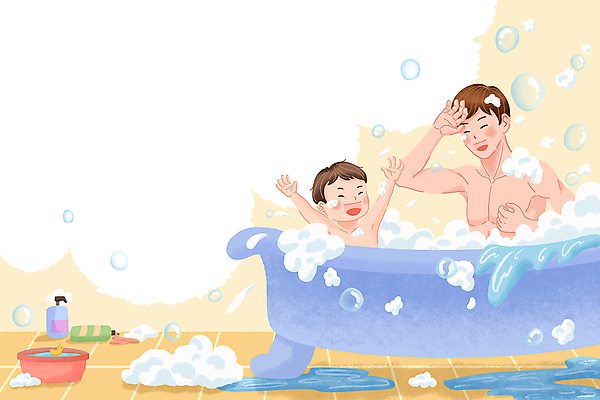 PSD 남자 어린이 일러스트 가족 프레임 욕조 웃음 소년 성인 두명 목욕 거품 만세 튀는물 대야 얼굴가리기 샴푸용기 부자지간 남자만 카피스페이스 싱글대디 한부모가족 국내일러스트 아들 관계 모션 표정 사람 청결 공백 가림 용기_그릇 아빠 액체표현 샴푸 스플래쉬 파일형식