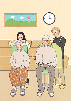 전신 PSD 여자 노년 남자 시계 액자 의자 일러스트 서기 들기 앉기 여러명 성인 소파 봉사 미용사 이발 노인복지 가위질 미용가위 돌봄서비스 돌보미 국내일러스트 직업 가구 다수 모션 가위_도구 사람 미용용품 도움 복지 서비스 파일형식