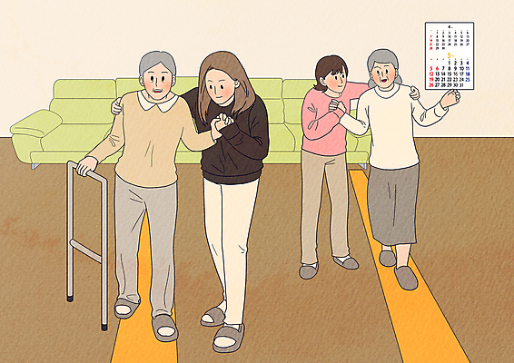 전신 PSD 여자 노년 선 일러스트 지팡이 여러명 성인 소파 걷기 달력 잡기 봉사 노인복지 돌봄 부축 여자만 어깨에손 돌봄서비스 돌보미 국내일러스트 직업 다수 의자 모션 사람 도움 복지 서비스 파일형식