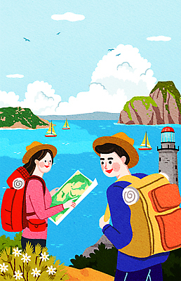 PSD 나무 구름 응시 여자 남자 꽃 바다 섬 여행 지도 요트 일러스트 등대 들기 상반신 성인 두명 여행객 성인만 국내일러스트 자연요소 식물 시선 배_교통 모션 사람 파일형식