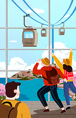 전신 PSD 구름 응시 여자 남자 바다 섬 여행 일러스트 하늘 풍경 상반신 성인 세명 손들기 여행객 만세 벚나무 케이블카 성인만 국내일러스트 자연요소 나무 시선 모션 사람 벚꽃 파일형식