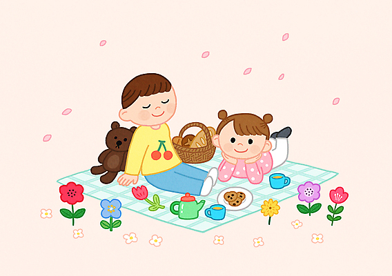 전신 PSD 커플 여자 남자 꽃잎 꽃 행복 어린이 엎드리기 분홍색 여행 일러스트 주전자 앉기 소녀 소년 두명 친구 소풍 바구니 눈감음 봄 벚꽃 찻잔 돗자리 꽃받침 어린이만 국내일러스트 식물 계절 감정 컬러 관계 모션 주방용품 잔 사람 손짓 야외활동 파일형식