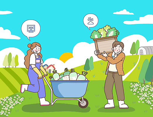 전신 나무 구름 여자 남자 말풍선 꽃밭 일러스트 들기 성인 두명 농작물 상자 새싹 모니터 수레 수확 밀기 무 언덕 배추 비닐하우스 성인만 청년농부 국내일러스트 AI파일 자연요소 식물 꽃 농업 채소 모션 뿌리채소 사람 컴퓨터 카트 농부 파일형식 벡터