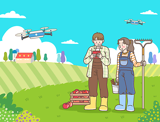 전신 나무 구름 여자 남자 꽃 일러스트 주택 들기 초원 성인 두명 운전 풀 리모컨 농기구 갈퀴 드론 사과박스 성인만 스마트팜 청년농부 국내일러스트 AI파일 자연요소 식물 농업 모션 사람 건물 상자 농장 농부 파일형식 벡터