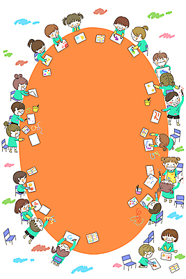 PSD 여자 남자 어린이 엎드리기 의자 일러스트 프레임 미술 웃음 들기 앉기 소녀 소년 여러명 주황색 물감 잡기 붓 그리기 낙서 스케치북 크레파스 유치원복 미술교육 보여주기 타원형 팔토시 어린이만 카피스페이스 국내일러스트 옷 교육 컬러 가구 다수 모션 문화예술 학용품 표정 사람 공백 미술도구 원형 토시 파일형식