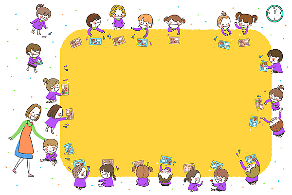 PSD 여자 남자 어린이 시계 포크 일러스트 프레임 수저 대화 서기 웃음 들기 앉기 소녀 소년 여러명 성인 노란색 마주보기 사각형 떨어짐 먹기 주기 유치원복 마주앉기 유치원선생님 식판 점심식사 쓰다듬기 국내일러스트 도형 식기 옷 컬러 다수 컨셉 모션 표정 말하기 사람 교사 식사 파일형식