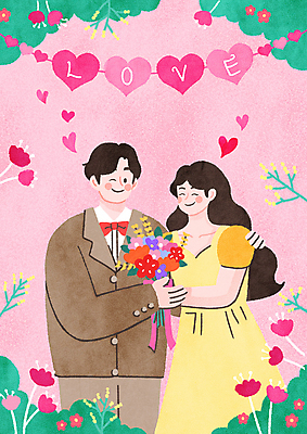 PSD 부부 여자 남자 꽃 분홍색 꽃다발 일러스트 사랑 윙크 미소 들기 상반신 성인 두명 손잡기 하트 풀 가정의달 가랜드 부부의날 성인만 어깨에손 국내일러스트 모양 식물 커플 기념일 감정 컬러 모션 표정 사람 5월 파티용품 파일형식