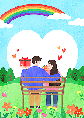 PSD 나무 구름 부부 여자 남자 꽃 꽃다발 무지개 벤치 일러스트 사랑 들기 앉기 성인 두명 선물상자 마주보기 하트 가정의달 부부의날 성인만 어깨에손 국내일러스트 자연요소 모양 식물 커플 기념일 감정 의자 모션 선물 사람 상자 5월 파일형식