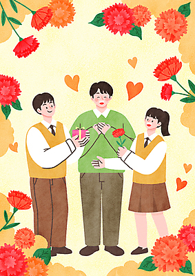 전신 PSD 학생 여자 남자 교복 일러스트 가족 청소년 미소 손짓 성인 세명 선물상자 노란색 교사 하트 스승의날 카네이션 주기 감동 가정의달 국내일러스트 모양 직업 옷 기념일 꽃 감정 컬러 관계 모션 표정 선물 사람 상자 5월 파일형식