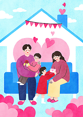 전신 PSD 여자 남자 어린이 분홍색 하늘색 일러스트 가족 안기 주택 사랑 서기 미소 앉기 소녀 소년 여러명 성인 소파 마주보기 하트 어버이날 편지 카네이션 주기 가정의달 가랜드 국내일러스트 모양 기념일 꽃 감정 컬러 다수 의자 관계 모션 표정 사람 건물 파란색 5월 파티용품 파일형식