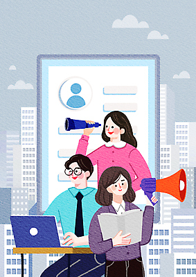 PSD 응시 여자 남자 일러스트 돋보기 들기 상반신 성인 건물 세명 노트북 태블릿 확성기 망원경 회색 구직 타이핑 찾기 성인만 국내일러스트 건축물 시선 컬러 컨셉 모션 사람 전자제품 스마트기기 파일형식