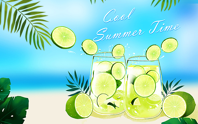 PSD 하늘색 일러스트 나뭇잎 잔 해변 사람없음 여름 칵테일 시원함 레몬 야자수잎 국내일러스트 식기 계절 바다 잎 과일 주류 파란색 파일형식