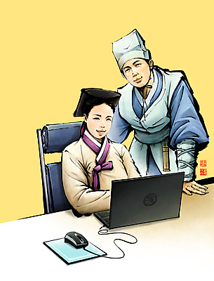 PSD 여자 남자 의자 일러스트 붓터치 앉기 상반신 성인 두명 노트북 컴퓨터 도장 노란색 한의학 마우스 한복 동양화 책상 번짐 낙관 한의사 의녀 성인만 국내일러스트 한국전통 컬러 가구 의학 모션 미술 사람 전자제품 컴퓨터용품 의사 전통의상 파일형식 효과