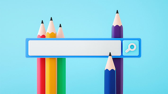 PSD 편집 편집이미지 하늘색 프레임 사람없음 연필 3D 모형 디지털합성 무지개색 검색창 카피스페이스 편집소스 편집3D 학용품 파란색 컬러풀 필기구 공백 파일형식