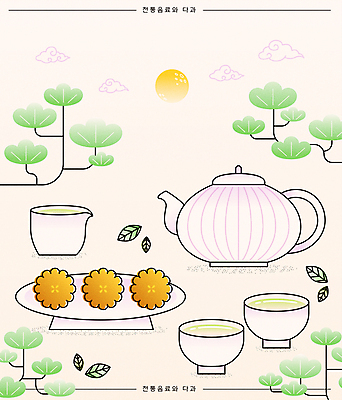 구름 전통 그릇 일러스트 사람없음 추석 달 소나무 찻잔 찻주전자 녹차 약과 녹차잎 국내일러스트 AI파일 자연요소 나무 식기 명절 주전자 잔 차_음료 전통음식 찻잎 파일형식 벡터