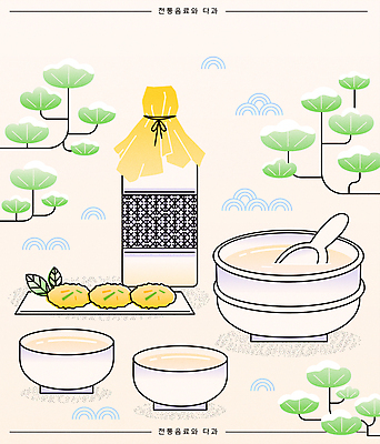 전통 일러스트 술병 사람없음 눈 소나무 사발 전 국자 막걸리 막걸리잔 국내일러스트 AI파일 자연요소 나무 음식 술잔 주방용품 병_용기 날씨 주류 사기그릇 파일형식 벡터