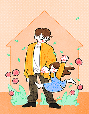 전신 여자 남자 꽃 어린이 일러스트 주택 소녀 성인 두명 부모 손잡기 점프 주황색 육아 아빠 결손가정 제도 지원 집모양 한부모가족 국내일러스트 AI파일 모양 식물 컬러 가정 가족 모션 사람 건물 파일형식 벡터