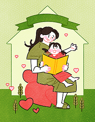 전신 여자 어린이 일러스트 엄마 주택 들기 앉기 소녀 성인 두명 연두색 부모 독서 육아 하트 결손가정 제도 지원 여자만 집모양 한부모가족 국내일러스트 AI파일 모양 가정 가족 모션 사람 건물 초록색 파일형식 벡터